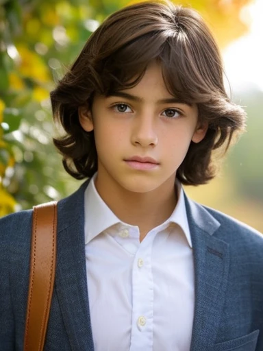 A boy, rasgos finos, rasgos hermosos, rasgos delicados, muy hermoso y tierno, rasgos europeos, piel blanca, ojos azules, light brown hair, mirada triste, melancholic look, mirada tierna, in autumn, en el campo, cielo nublado, llovisna 14 years olt very strong
