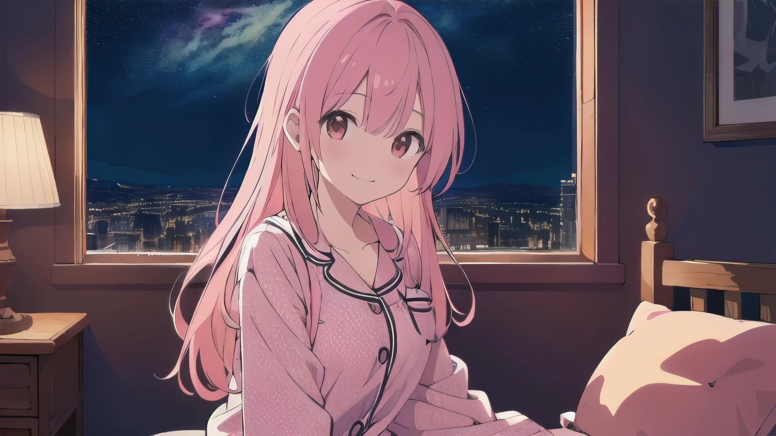 Very detailed, Detailed Background, (highest quality, masterpiece, High resolution), One girl, smile, Mid-chest, Pink Hair, Upper Body, pajamas, long hair、 night、 Starry Sky、 Dimly lit room、 Moonlit room、