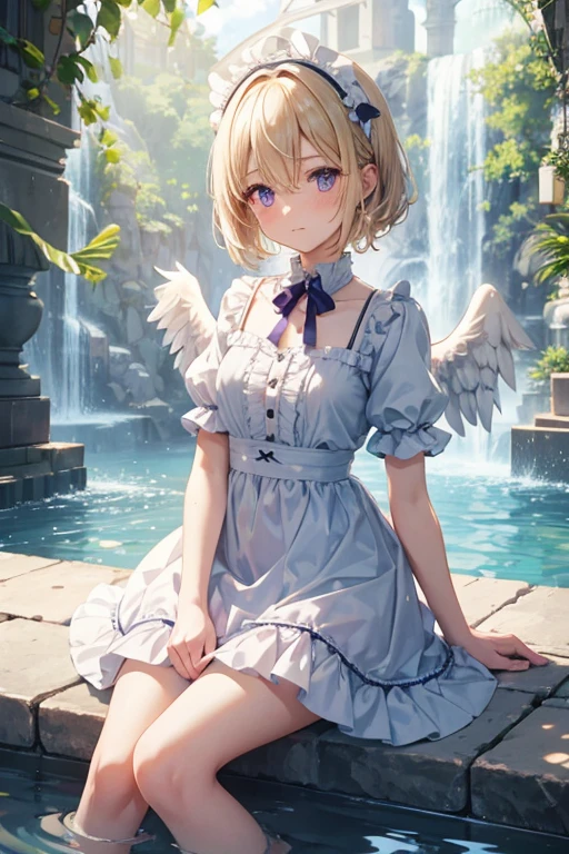 feathers, rating:safe, white_feathers, feathered_wings, 1girl, white_wings, short hair, hair up, tied hair,, angel_wings, halo, wings, angel, solo, dress, sitting, dove, blonde_hair, purple_eyes, eyebrows_visible_through_hair, water, bangs, bow, looking_at_viewer, closed_mouth, hair_between_eyes, short_sleeves, hair_intakes, day, blush, flower, barefoot, frills, breasts, hairband, puffy_short_sleeves, indoors, full_body, blue_bow, white_dress, soaking_feet, animal, outdoors, hair_bow, birdcage, cage, blue_dress, small_breasts, hair_ornament, backlighting, puffy_sleeves, frilled_dress, sunlight, reflection, sky, fountain, white_flower, sunbeam, waterfall
