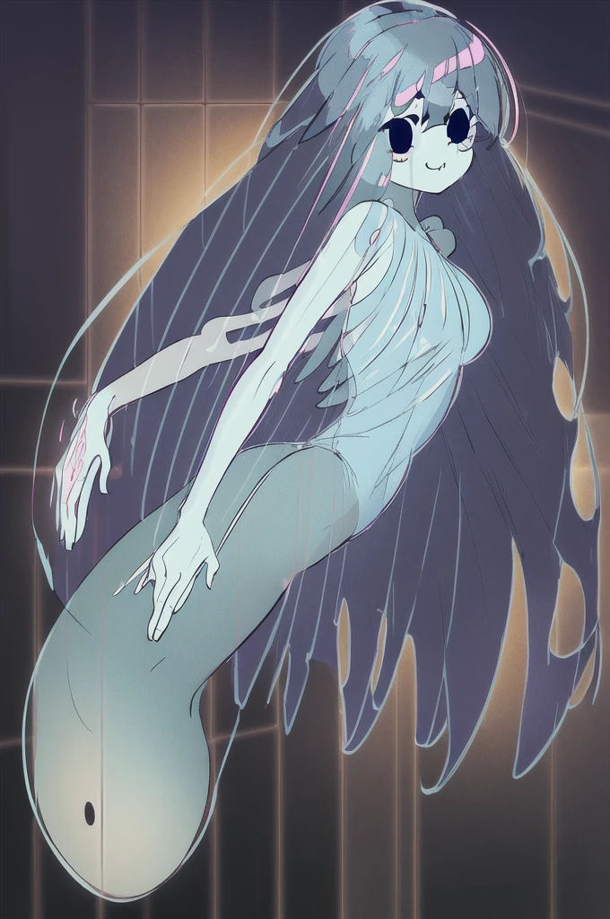 ((Spooky jumpscare mansion)), ((sexy)), (cute), (smug), see through clothing, curvy, small, flat breasts, (((cute face))), two eyes, one mouth, thick thighs, floating,