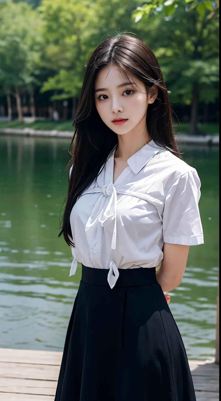 8k, Raw photo, highest quality, masterpiece:1.2), masterpiece, highest quality, figure, Very detailed, Fine details, High resolution, 8k,wallpaper, Perfect dynamic composition,(Detailed high quality, Realistic depiction of eyes:1.3)、A woman who has been and tied up、Hands behind your back、Standing by the lake、Facing forward、21talent、Beauty、Well-formed face、Make your eyes even、Beautiful black hair、Has bangedium build、Well-balanced proportions、Beautiful legs、Short sleeve shirt、Long skirt、