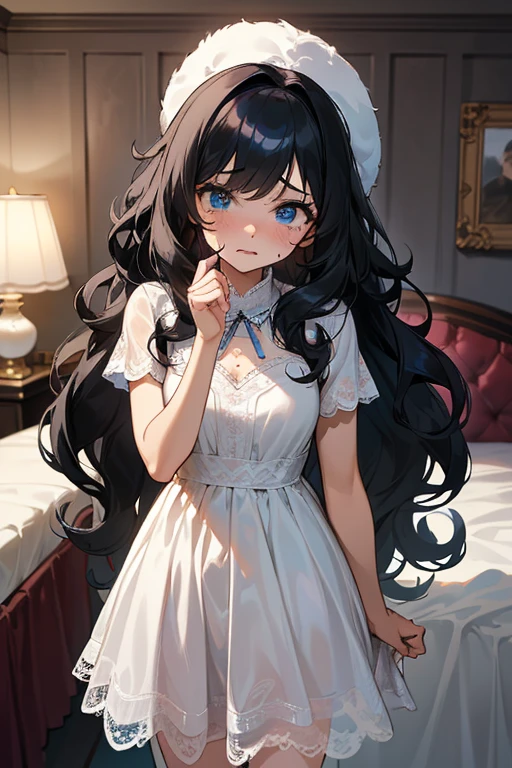 (masterpiece, best quality), warm lighting, blurry foreground, 1 girl, cowboy shot, ((white lace dress)), (((fluffy hair))), makeup, finely detailed, (best quality), ((Long jet black hair)), ((Hair is fluffy)), best quality, (PJs), ((round eyes)), beautiful face, cute face, pinup, perfect face, (((blue eyes))), ((curly long hair)), ((scared expression)), (In bedroom, in bed), (staring at POV scared), (((Hair with no accesories or hats))), pink bed