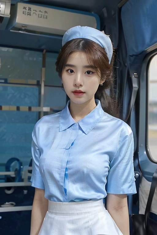 Looking_at_viewer, finely_detailed_skin, best_shadow, 19_years_old_korean, pretty, small_breasts, slim_body, small_hips, (upper_body), (blue_shirt: 1.3), (white_silk_skirt: 1.3), blurred background, airplane interior, flight attendants , Korean Air, fully open collared shirt, depth_of_field, earrings, ground_vehicle, bun, interior, jewelry, lips, lipstick, uniform, blue_Short Sleeve_KoreanAir_Uniform, cabin crew, 