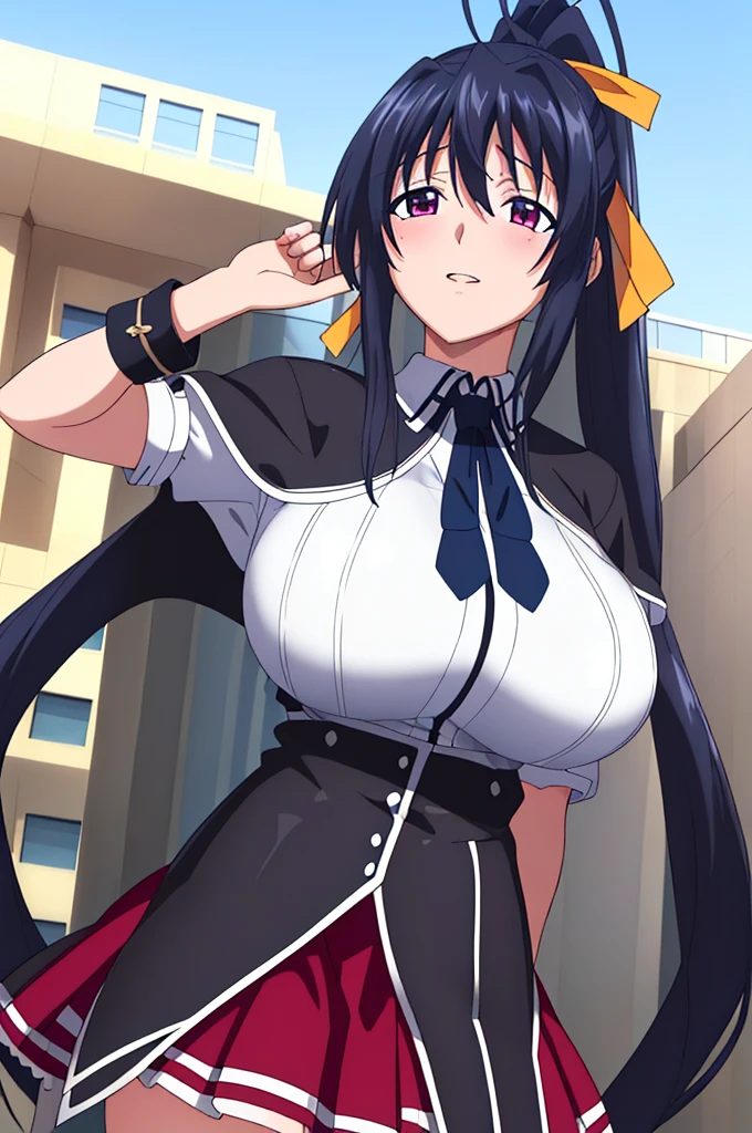 (Day), On campus,Blue sky with clouds, 
(Upright immobile posture),
black_Cape,black neckwear,White shirt,short_sleeve, Sailor_collar,Red pleated skirt,,
black hair, pink eye, とても長いhair,hair_between_eye,ponytail,黄color_hair_ribbon,
1 girl, 20 years,young woman,beautiful Finger,beautiful long legs,beautiful body,beautiful Nose,beautiful character design, perfect eye, perfect face,expressive eye,
View Viewer,(upper_body),(Focus on her face),
Official Art,Highly detailed CG Unity 8k wallpaper, Perfect lighting,colorful, bright_front_face_Lighting,Shiny skin, 
(masterpiece:1.0),(Highest_quality:1.0), 超High resolution,4K,Super detailed,
photograph, 8k, High resolution, High resolution, Absurd:1.2, Kodak Portrait 400, Film Grain, Blurred Background, Bokeh:1.2, Lens flare, (Vibrant_color:1.2)
(beautiful,big_chest:1.4), (beautiful_face:1.5),(narrow_Waist),，(((Skirt flip, I can see your panties)))，Embarrassing，blush，Alone，(( Masturbating by touching the vagina with your fingers)),