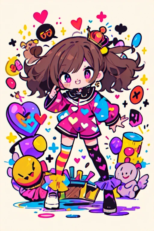 Crazy Cloud Hair Girl, Brown Hair, Full body photo, Purple Eyes, Heart-shaped pupils, Crazy Smile, Blood splatter, One girl, insane girl with long brown hair, Crown, プリンセスbubble gumスタイル, In detail, (highest quality), (Intricate details), Cute Style, , Clown Style, Multicolor, ((Long, messy, straight brown hair)), highest quality, ((Long sleeve shirt and shorts)), ((Purple and black clothes)), ((Clown Style clothes)), ((Thigh-high socks)), ((Round eyes)), ((Wearing clown make-up)), Beautiful Face, Happy, Cute Face, pin up, Perfect Face, Portrait with a simple background, Crowhere Card, bubble gum