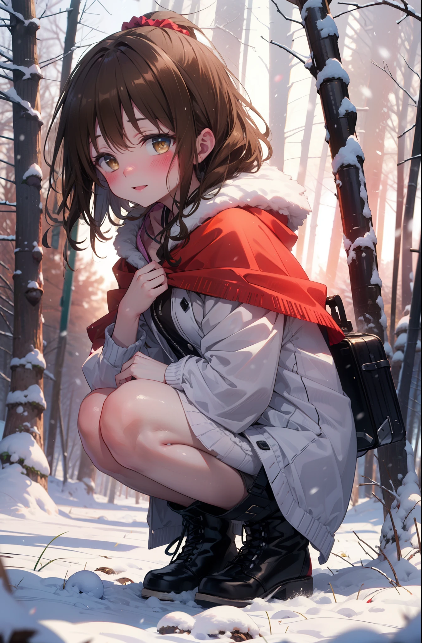 Follow Us, Yuki mandarin orange, (Brown eyes:1.5), Brown Hair, hair ornaments, hair Scrunchie, Long Hair, pink Scrunchie, Scrunchie, (Flat Chest:1.2),smile,,smile,blush,White Breath,
Open your mouth,snow,Ground bonfire, Outdoor, boots, snowing, From the side, wood, suitcase, Cape, Blurred, , forest, White handbag, nature,  Squat, Mouth closed, Cape, winter, Written boundary depth, Black shoes, red Cape break looking at viewer, Upper Body, whole body, break Outdoor, forest, nature, break (masterpiece:1.2), highest quality, High resolution, unity 8k wallpaper, (shape:0.8), (Beautiful and beautiful eyes:1.6), Highly detailed face, Perfect lighting, Highly detailed CG, (Perfect hands, Perfect Anatomy),