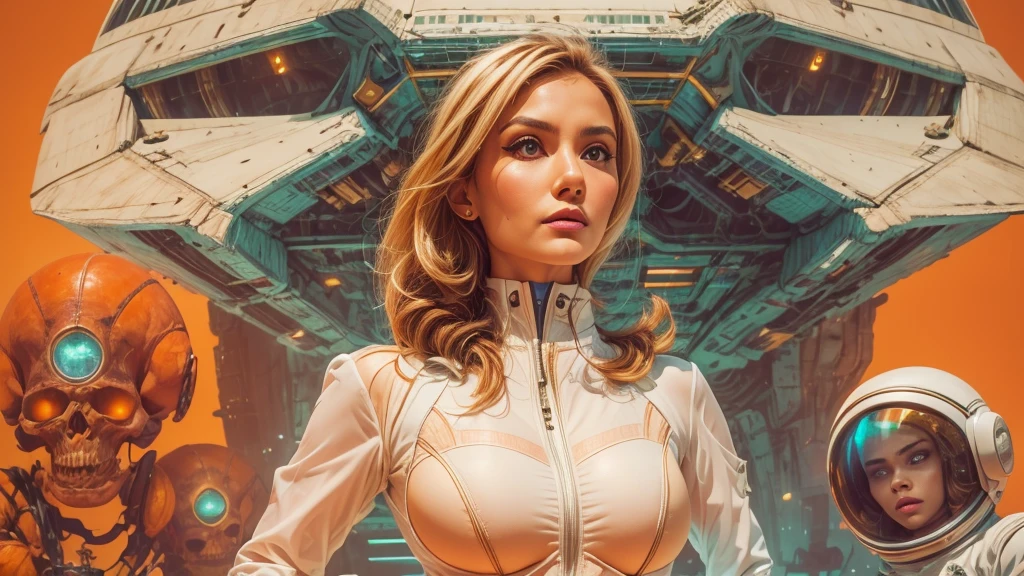 arafed image of a white woman in a futuristic suit with a spaceship in the background, movie art, in front of an orange background, inspired by Robert McGinnis, female protagonist, megastructure in the background, portrait of an ai astronaut, astronauts, an astronaut, portrait of a astronaut skeletor, perfect android girl, detailed eyes, perfectly detailed teeth, frank franzzeta and sakimichan  