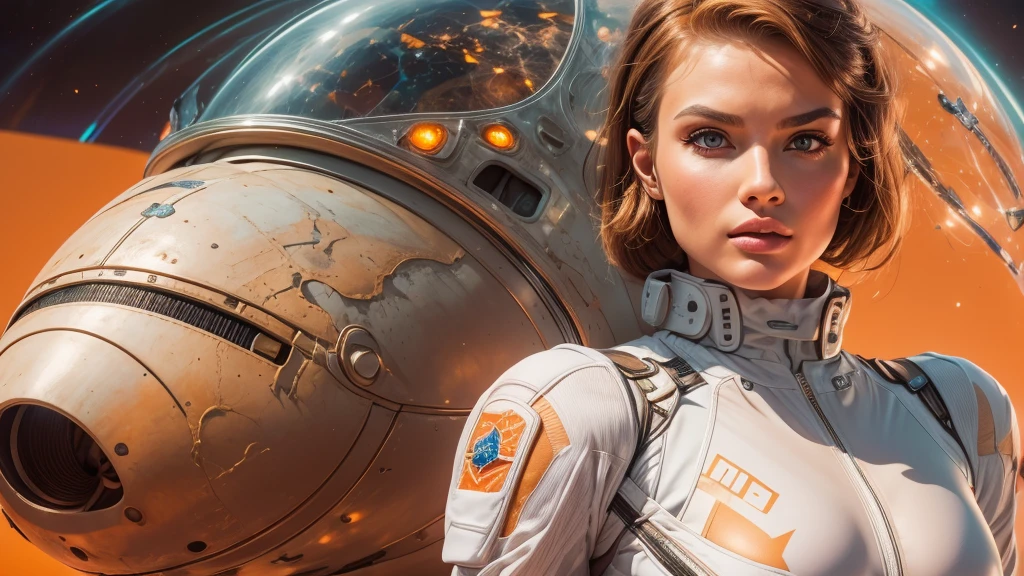 arafed image of a white woman in a futuristic suit with a spaceship in the background, movie art, in front of an orange background, inspired by Robert McGinnis, female protagonist, megastructure in the background, portrait of an ai astronaut, astronauts, an astronaut, portrait of a astronaut skeletor, perfect android girl, detailed eyes, perfectly detailed teeth, frank franzzeta and sakimichan