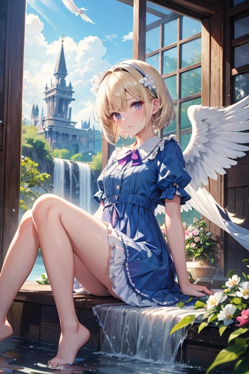 feathers, rating:safe, white_feathers, feathered_wings, 1girl, white_wings, short hair, hair up, tied hair, angel_wings, halo, wings, angel, solo, dress, sitting, dove, blonde_hair, purple_eyes, eyebrows_visible_through_hair, water, bangs, bow, looking_at_viewer, closed_mouth, hair_between_eyes, short_sleeves, hair_intakes, day, blush, flower, barefoot, frills, breasts, hairband, puffy_short_sleeves, indoors, full_body, blue_bow, white_dress, soaking_feet, animal, outdoors, hair_bow, birdcage, cage, blue_dress, small_breasts, hair_ornament, backlighting, puffy_sleeves, frilled_dress, sunlight, reflection, sky, fountain, white_flower, sunbeam, waterfall