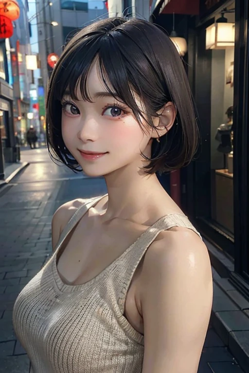 Full Body Shot,standing,V-neck-sweater,A-line skirt,One girl with a perfect figure,Japanese Girls, 17 years old, smile, Short Hair,Black Hair,Constricted Bob Hair,boyish, smile, Delicate clavicle, Small breasts
