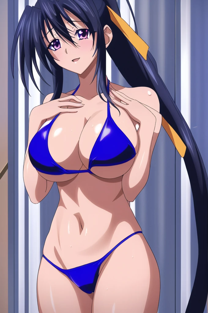 Himejima Akeno, black hair, pink eye, とても長いhair,hair_between_eye,ponytail,黄color_hair_ribbon,(((青のbikini)))，Quite embarrassing，bikini，
1 girl, 20 years,young woman,beautiful Finger,beautiful long legs,beautiful 体,beautiful Nose,beautiful character design, perfect eye, perfect face,expressive eye, ,(((Put your hands in your panties))), (( Masturbating by touching the vagina with your fingers)), love juice spilling on the floor, liquid splashing from girl&#39;の股between，whole body，Browsing Caution，
View your audience,
Official Art,Very detailed CG ユニティ 8k 壁紙, Perfect lighting,colorful, bright_front_face_Lighting,Shiny skin, 
(masterpiece:1.0),(Highest_quality:1.0), 超High resolution,4K,Very detailed,
photograph, 8k, High resolution, High resolution, Absurd:1.2, Kodak Portrait 400, Film Grain, Blurred Background, Bokeh:1.2, Lens flare, (Vibrant_color:1.2)
(beautiful,big_chest:1.4), (beautiful_face:1.5),(narrow_Waist),青bikini，