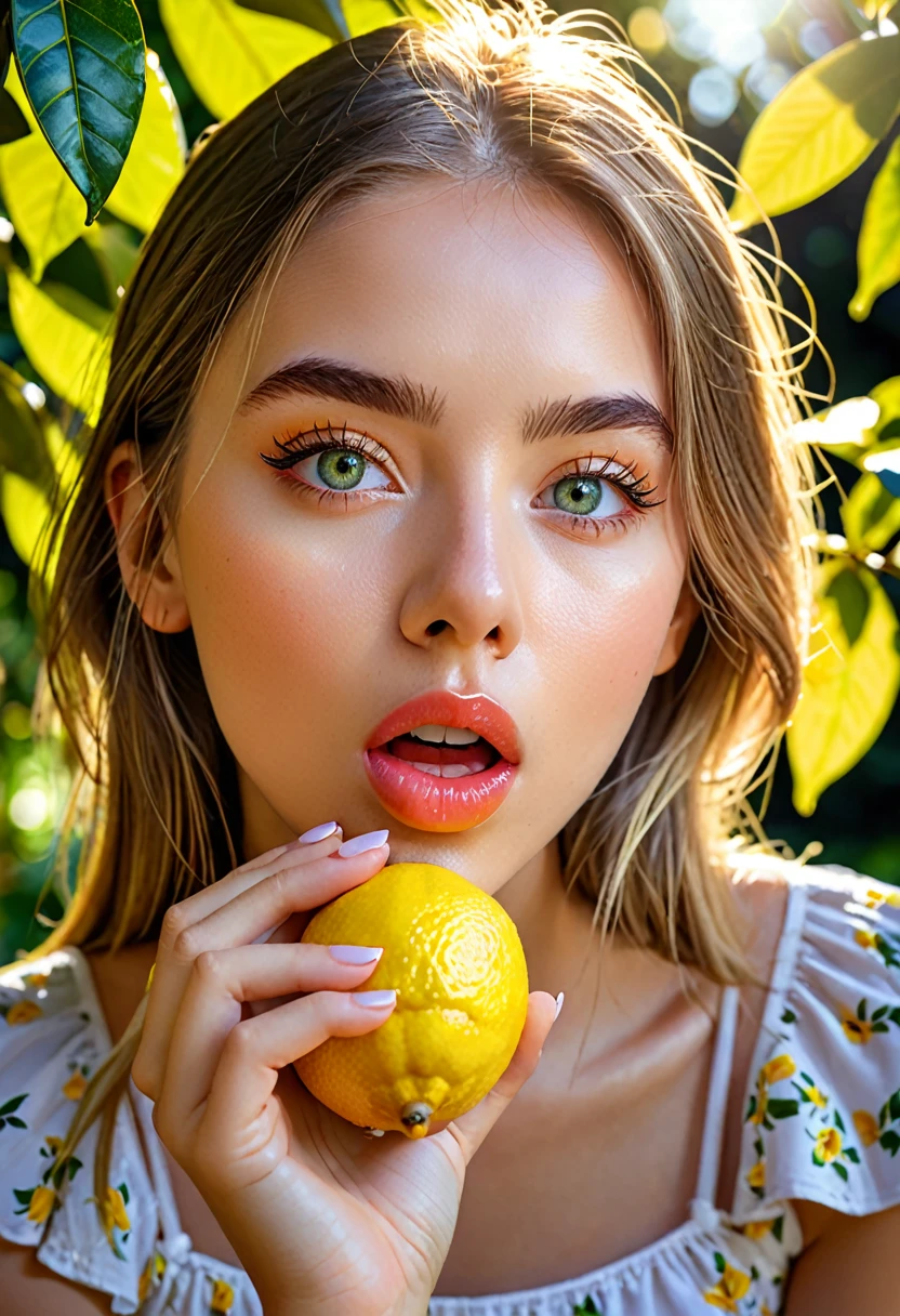 a young girl eating a lemon, extremely detailed eyes and face, beautiful detailed lips, longeyelashes, expressive facial expression, vibrant colors, natural lighting, high contrast, photorealistic, 8k, best quality, cinematic lighting, depth of field, dramatic shadows and highlights, beautiful garden background, flowers, greenery, dappled sunlight, summer atmosphere