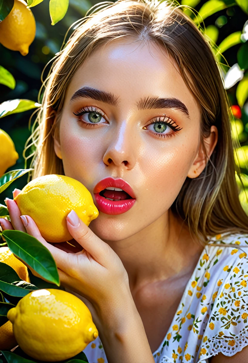 a young girl eating a lemon, extremely detailed eyes and face, beautiful detailed lips, longeyelashes, expressive facial expression, vibrant colors, natural lighting, high contrast, photorealistic, 8k, best quality, cinematic lighting, depth of field, dramatic shadows and highlights, beautiful garden background, flowers, greenery, dappled sunlight, summer atmosphere