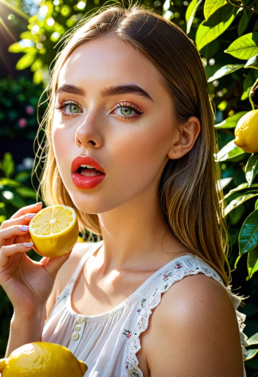 a young girl eating a lemon, extremely detailed eyes and face, beautiful detailed lips, longeyelashes, expressive facial expression, vibrant colors, natural lighting, high contrast, photorealistic, 8k, best quality, cinematic lighting, depth of field, dramatic shadows and highlights, beautiful garden background, flowers, greenery, dappled sunlight, summer atmosphere