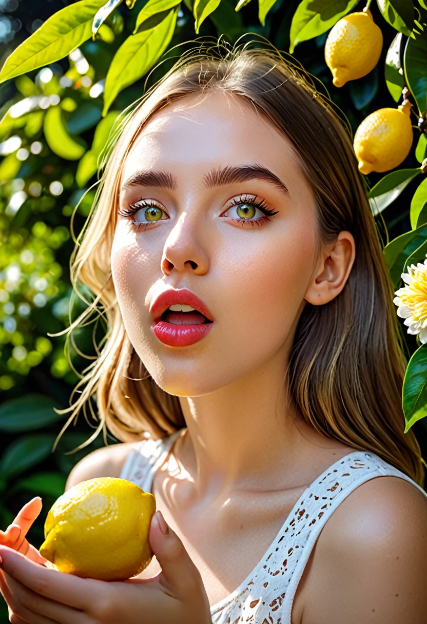 a young girl eating a lemon, extremely detailed eyes and face, beautiful detailed lips, longeyelashes, expressive facial expression, vibrant colors, natural lighting, high contrast, photorealistic, 8k, best quality, cinematic lighting, depth of field, dramatic shadows and highlights, beautiful garden background, flowers, greenery, dappled sunlight, summer atmosphere