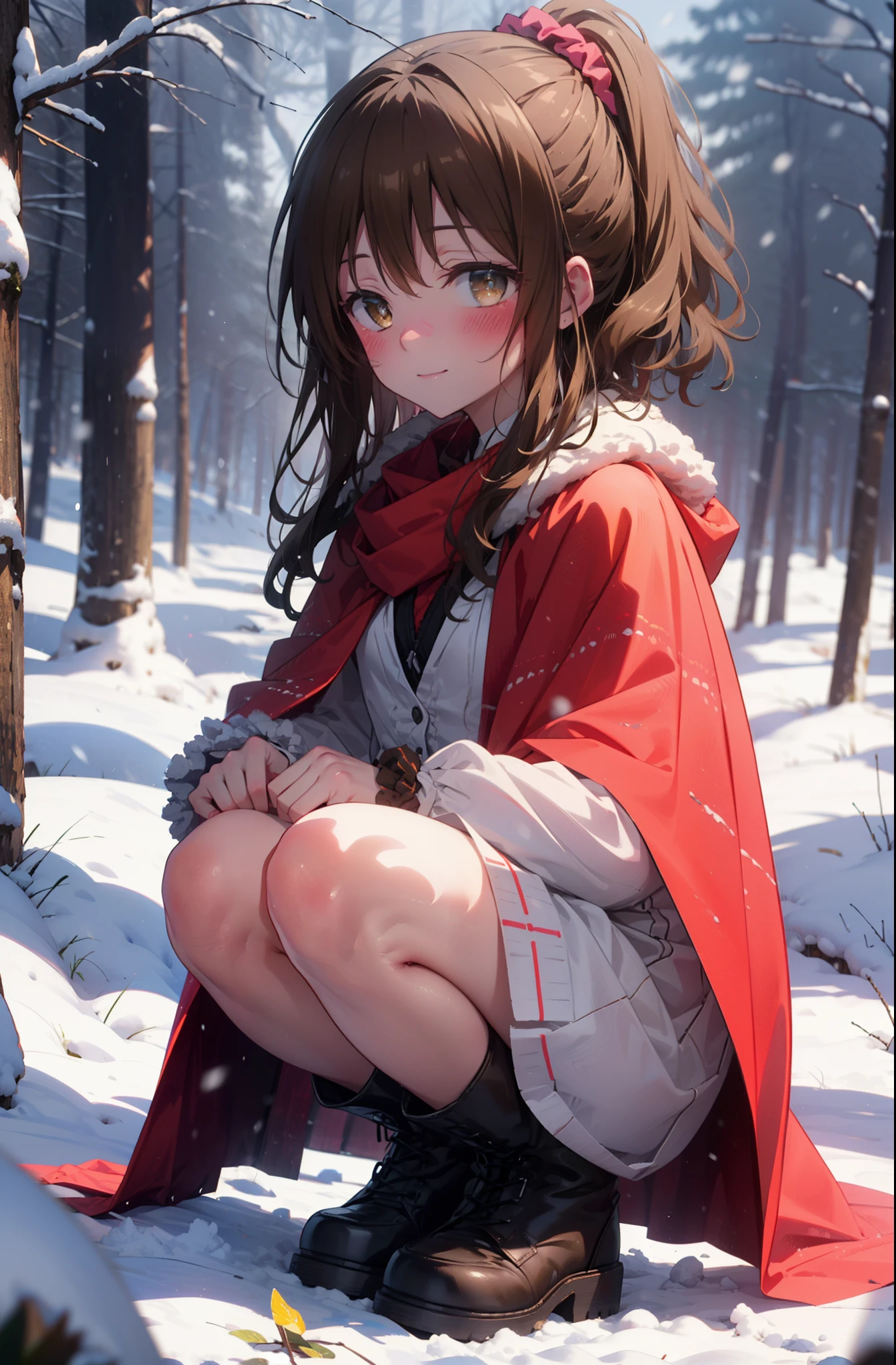 Follow Us, Yuki mandarin orange, (Brown eyes:1.5), Brown Hair, hair ornaments, hair Scrunchie, Long Hair, pink Scrunchie, Scrunchie, (Flat Chest:1.2),smile,,smile,blush,White Breath,
Open your mouth,snow,Ground bonfire, Outdoor, boots, snowing, From the side, wood, suitcase, Cape, Blurred, , forest, White handbag, nature, Squat, Mouth closed, Cape, winter, Written boundary depth, Black shoes, red Cape break looking at viewer, Upper Body, whole body, break Outdoor, forest, nature, break (masterpiece:1.2), highest quality, High resolution, unity 8k wallpaper, (shape:0.8), (Beautiful and beautiful eyes:1.6), Highly detailed face, Perfect lighting, Highly detailed CG, (Perfect hands, Perfect Anatomy),