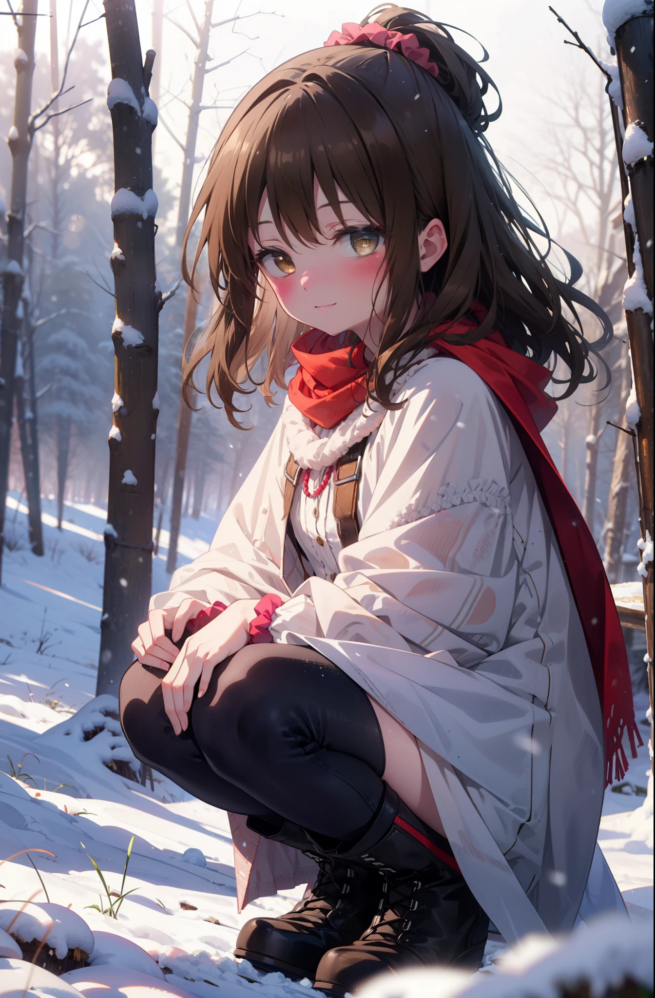 Follow Us, Yuki mandarin orange, (Brown eyes:1.5), Brown Hair, hair ornaments, hair Scrunchie, Long Hair, pink Scrunchie, Scrunchie, (Flat Chest:1.2),smile,,smile,blush,White Breath,
Open your mouth,snow,Ground bonfire, Outdoor, boots, snowing, From the side, wood, suitcase, Cape, Blurred, , forest, White handbag, nature, Squat, Mouth closed, Cape, winter, Written boundary depth, Black shoes, red Cape break looking at viewer, Upper Body, whole body, break Outdoor, forest, nature, break (masterpiece:1.2), highest quality, High resolution, unity 8k wallpaper, (shape:0.8), (Beautiful and beautiful eyes:1.6), Highly detailed face, Perfect lighting, Highly detailed CG, (Perfect hands, Perfect Anatomy),