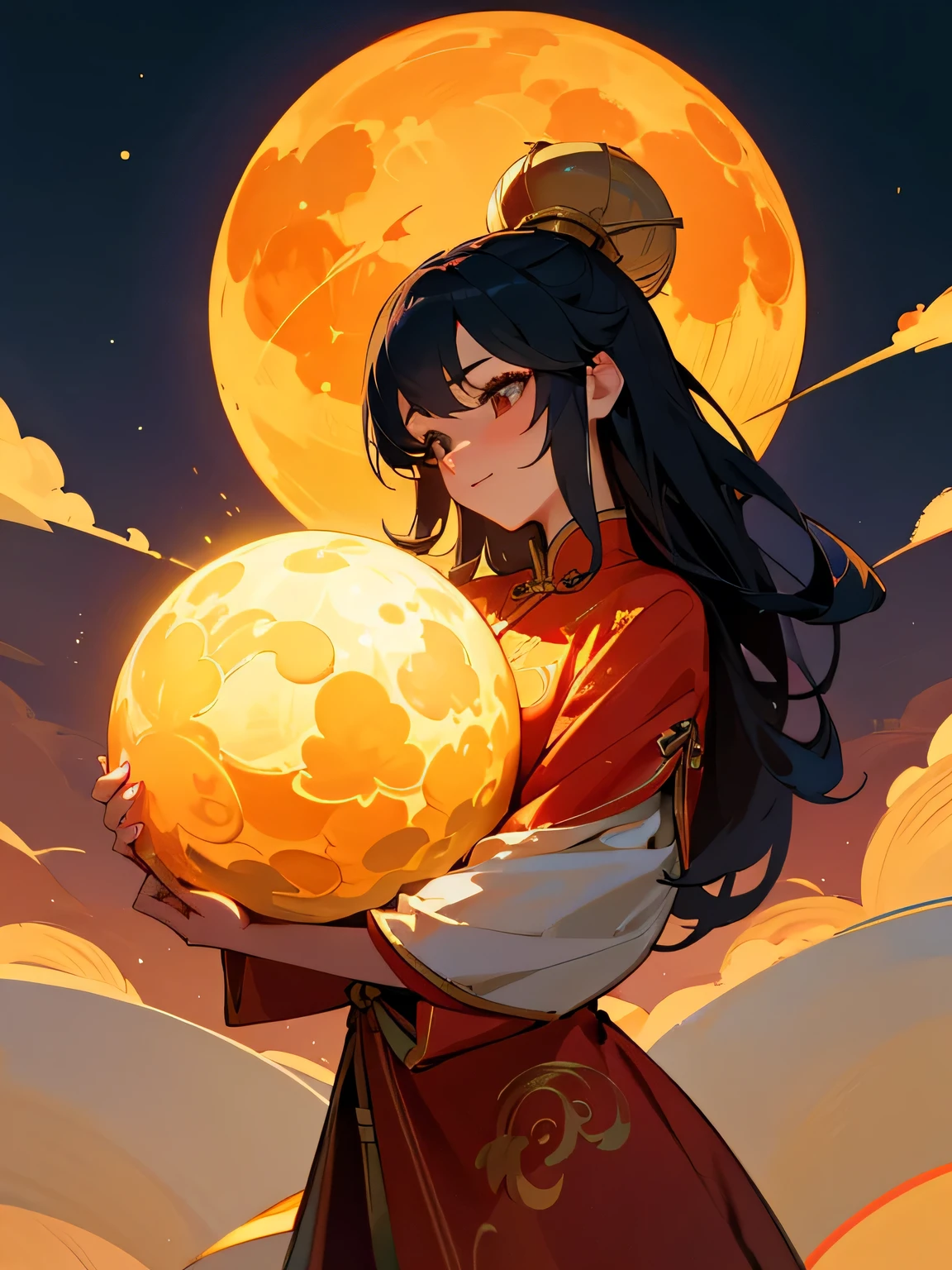 Mid-Autumn Festival，A lovely fairy，Wearing Chinese costumes，huggings gold coin，Coin next to the girl，Big Coin，Auspicious clouds，Behind the huge moon，a warm color palette，Abstract screen，ultra-realistic realism，pixar-style，3d effect，Disney style，clear contour light，rim-light，dream magical，spotlight lights，8k