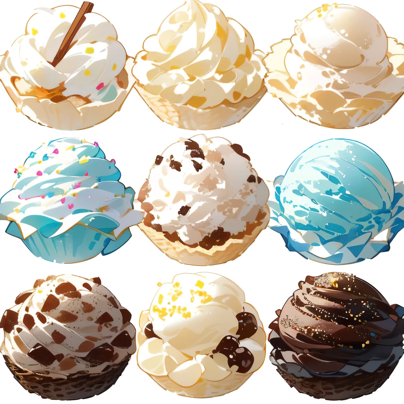 a close up of a group of different ice creams on a white surface, ice cream, ice cream cones, ice cream on the side, mountains of ice cream, eating ice cream, ice creamを食べること, Mr.々Color, ice cream cone, Sprinkles, Ralph Goings, change, Creamy, delicious, vanilla, Mr.々Style, 3 4 5 3 1, delicious