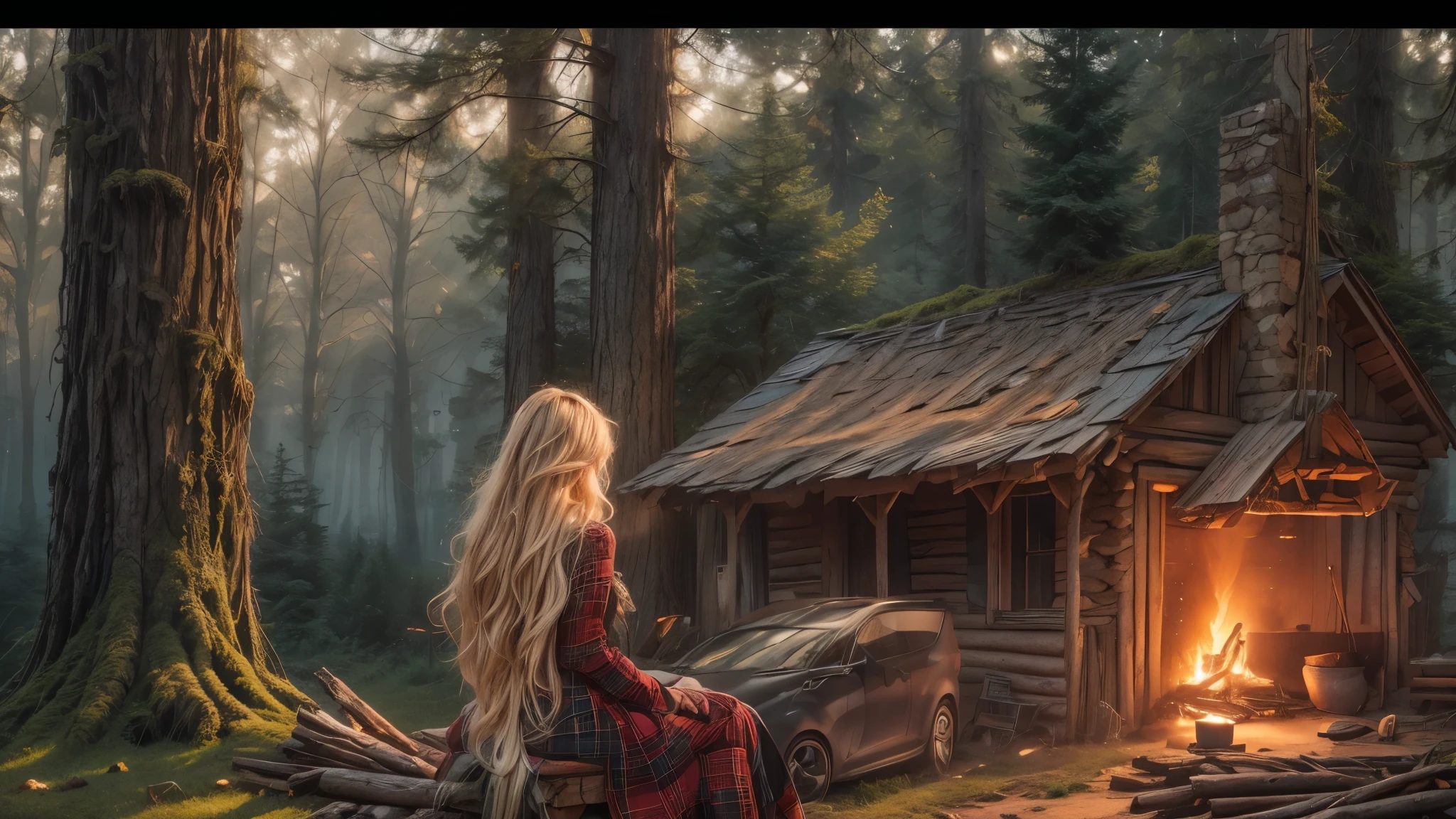 cabin in the woods, front porch, wood pile, rusty truck on cinderblocks, woodburning stove, dense trees, dark woods, large oak trees, moss, Beautiful woman, plaid long-sleeved flannel shirt, long wavy blonde hair,