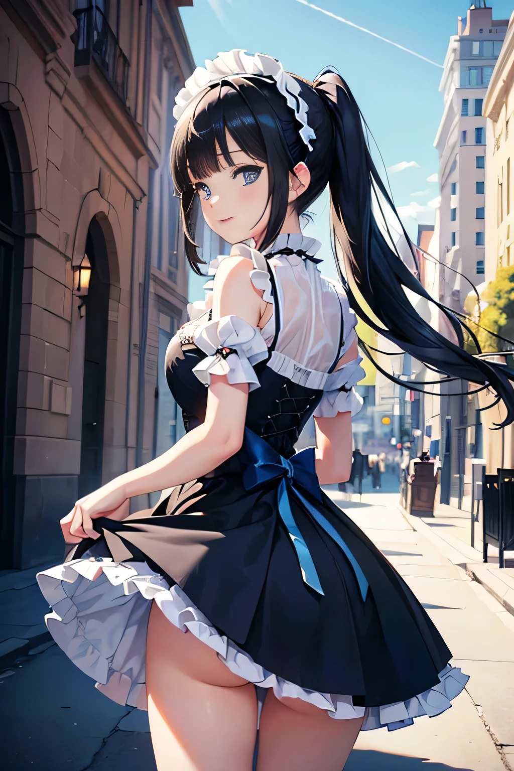  (Vulgar,nsfw),(skirt lift,very windy),(beautiful elegant white panties),very low angle,from below),
(beautiful elegant white panties), (looking back at the viewer),♥(sexy mini dress lolita gothic costume),((1girl,cute,young,semi long beautiful black hair,blunt bangs,pony tale,beautiful blue eyes)),(solo),((masterpiece, highest resolution,best quality)), (beautiful illustration),(lolita gothic costume),(looking back at the viewer), innocent smile,cinematic lighting,beautiful modern cafe,big city,flowers,buildings,blue sky