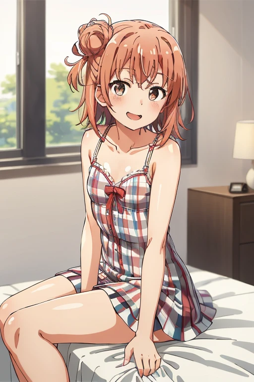 ((highest quality)), ((masterpiece)), (be familiar with), Perfect Face, indoor, Bedroom, Watching the audience,
One woman, Yuigahama Yui,
Open Mouth, Ecstatic expression, blush, smile,
Small breasts, Flat Chest, Young Girl, , , Girl,
Short Hair, Salmon-colored hair, Salmon-colored eyes, Side Pony,
Leg spread,