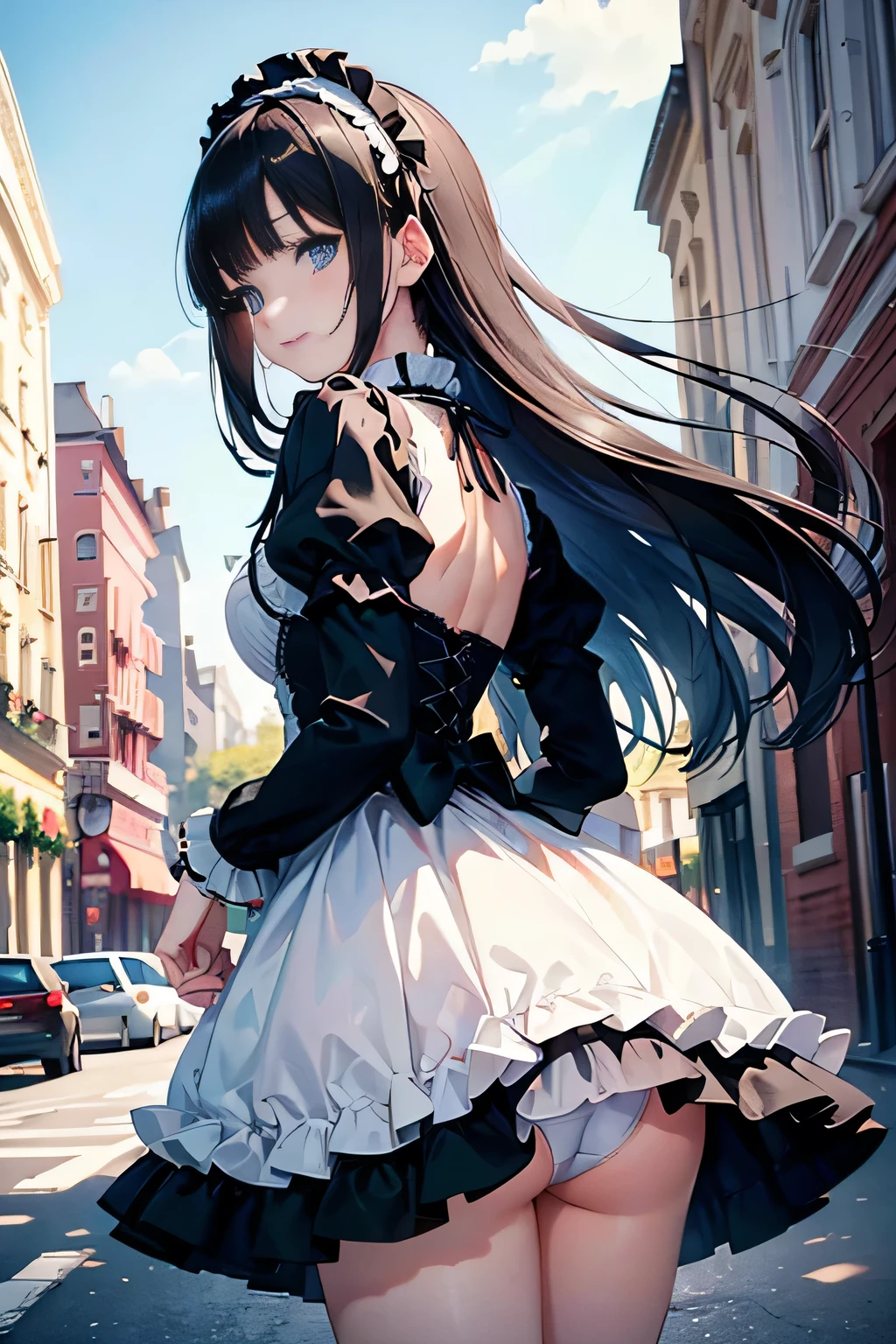 (Vulgar,nsfw),(skirt lift,very windy),(beautiful elegant white panties),very low angle,from below),
(beautiful elegant white panties), (looking back at the viewer),♥(sexy mini dress ta gothic costume),((1girl,cute,young,semi long beautiful black hair,blunt bangs,pony tale,beautiful blue eyes)),(solo),((masterpiece, highest resolution,best quality)), (beautiful illustration),(loliothic costume),(looking back at the viewer), innocent smile,cinematic lighting,beautiful modern cafe,big city,flowers,buildings,blue sky