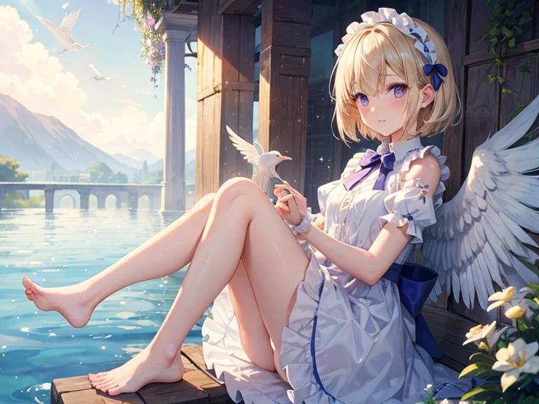 feathers, rating:safe, white_feathers, feathered_wings, 1girl, white_wings, short hair, hair up, tied hair,, angel_wings, halo, wings, angel, solo, dress, sitting, dove, blonde_hair, purple_eyes, eyebrows_visible_through_hair, water, bangs, bow, looking_at_viewer, closed_mouth, hair_between_eyes, short_sleeves, hair_intakes, day, blush, flower, barefoot, frills, breasts, hairband, puffy_short_sleeves, indoors, full_body, blue_bow, white_dress, soaking_feet, animal, outdoors, hair_bow, birdcage, cage, blue_dress, small_breasts, hair_ornament, backlighting, puffy_sleeves, frilled_dress, sunlight, reflection, sky, fountain, white_flower, sunbeam, waterfall