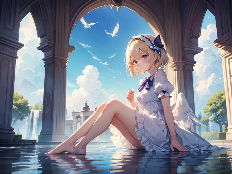 feathers, rating:safe, white_feathers, feathered_wings, 1girl, white_wings, short hair, hair up, tied hair,, angel_wings, halo, wings, angel, solo, dress, sitting, dove, blonde_hair, purple_eyes, eyebrows_visible_through_hair, water, bangs, bow, looking_at_viewer, closed_mouth, hair_between_eyes, short_sleeves, hair_intakes, day, blush, flower, barefoot, frills, breasts, hairband, puffy_short_sleeves, indoors, full_body, blue_bow, white_dress, soaking_feet, animal, outdoors, hair_bow, birdcage, cage, blue_dress, small_breasts, hair_ornament, backlighting, puffy_sleeves, frilled_dress, sunlight, reflection, sky, fountain, white_flower, sunbeam, waterfall