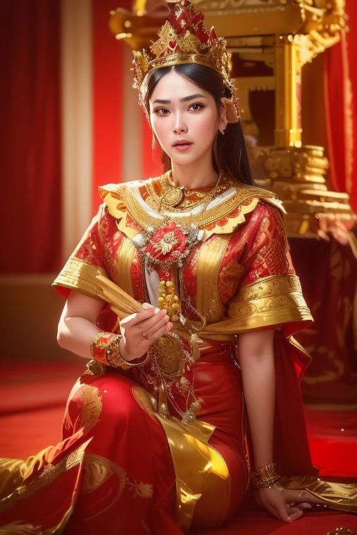 a woman in a red dress and gold crown sitting on a floor, sukhothai costume, traditional beauty, wearing ornate clothing, wearing an ornate outfit, a beautiful fantasy empress, traditional clothes, in style of thawan duchanee, wearing ornate silk clothes, thailand art, traditional dress, traditional clothing, imperial royal elegant clothing, dilraba dilmurat