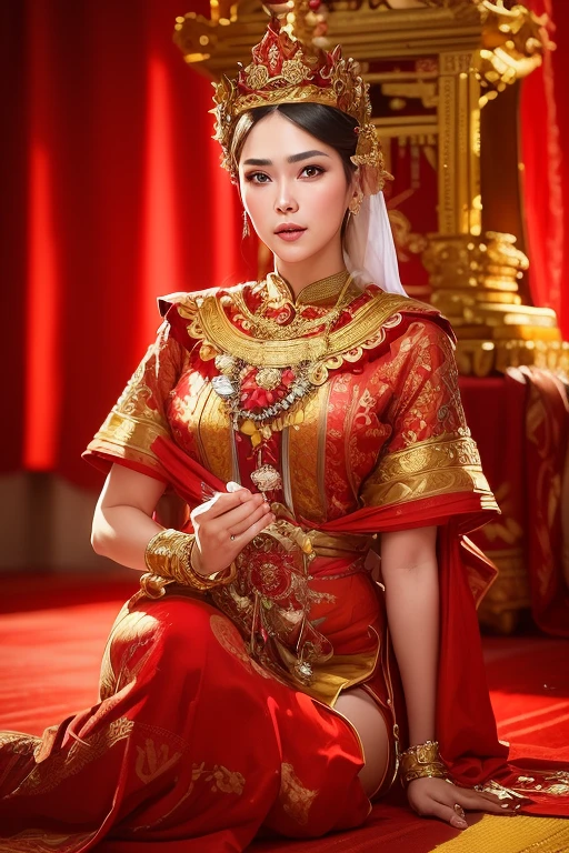 a woman in a red dress and gold crown sitting on a floor, sukhothai costume, traditional beauty, wearing ornate clothing, wearing an ornate outfit, a beautiful fantasy empress, traditional clothes, in style of thawan duchanee, wearing ornate silk clothes, thailand art, traditional dress, traditional clothing, imperial royal elegant clothing, dilraba dilmurat