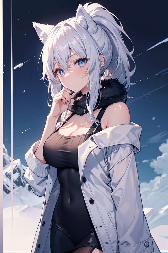 4K,High resolution,one woman,silver hair,short ponytail,wolf ears,wolf tail,blue eyes,big breasts,,snow mountain,coat,show your shoulders,fur,sweater,