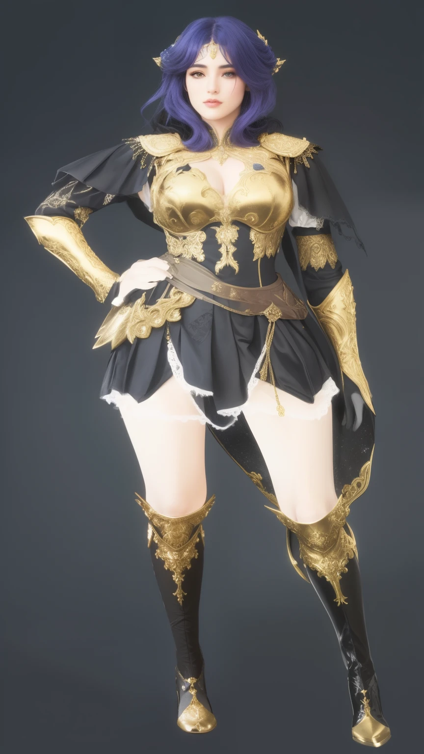 um close de uma mulher fantasiada com uma espada, traje com tema lunar, uniforme preto dourado, roupa dourada, ornate bikini armor, roupa de fantasia, traje ornamentado, lineage revolution style 2, roupa complexa, armadura preta e dourada, vestes brancas douradas, detalhes em ouro prateado, roupas muito detalhadas e ricas, detalhe de alta textura), detalhes intrincados da armadura