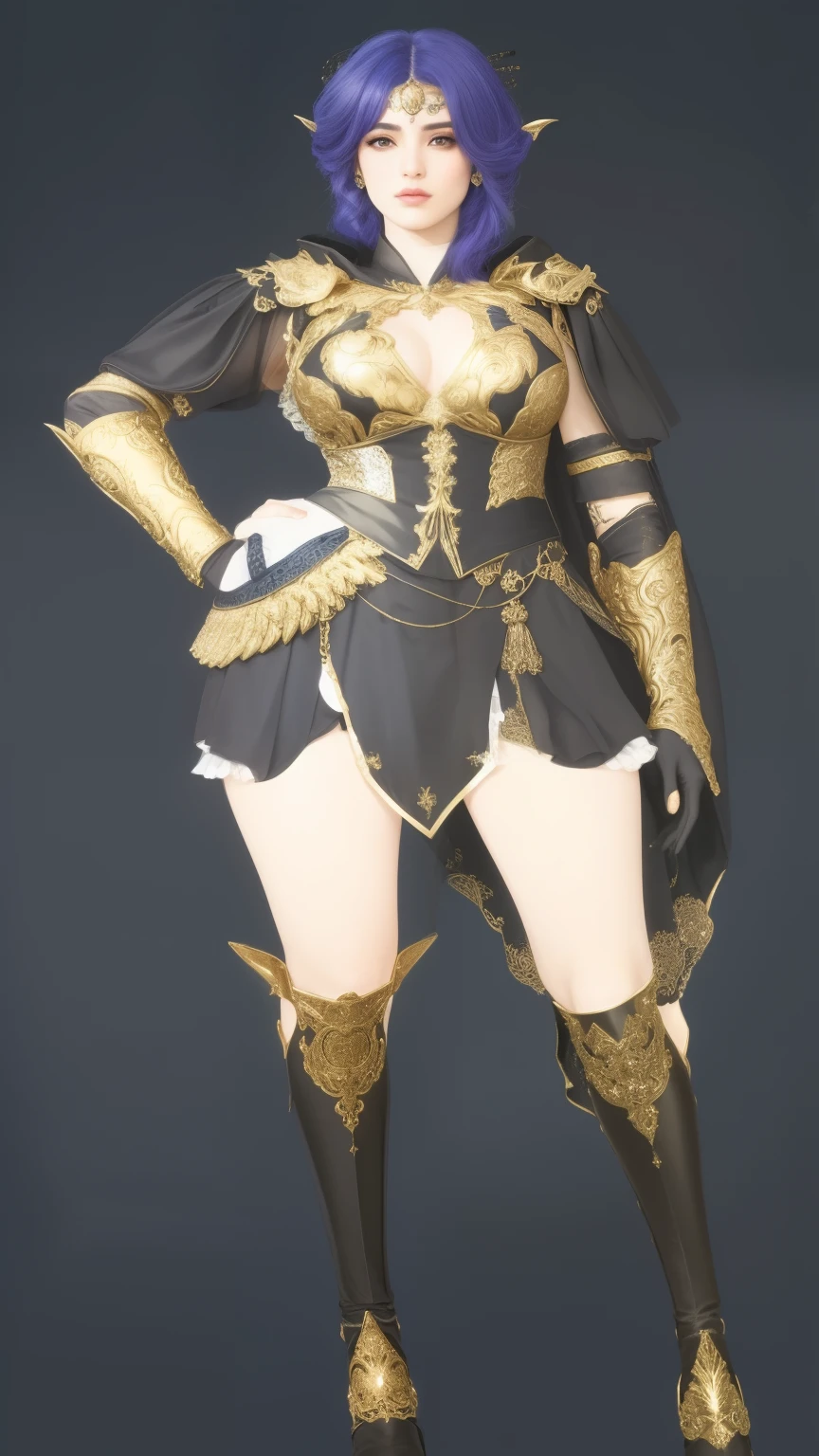 um close de uma mulher fantasiada com uma espada, traje com tema lunar, uniforme preto dourado, roupa dourada, ornate bikini armor, roupa de fantasia, traje ornamentado, lineage revolution style 2, roupa complexa, armadura preta e dourada, vestes brancas douradas, detalhes em ouro prateado, roupas muito detalhadas e ricas, detalhe de alta textura), detalhes intrincados da armadura