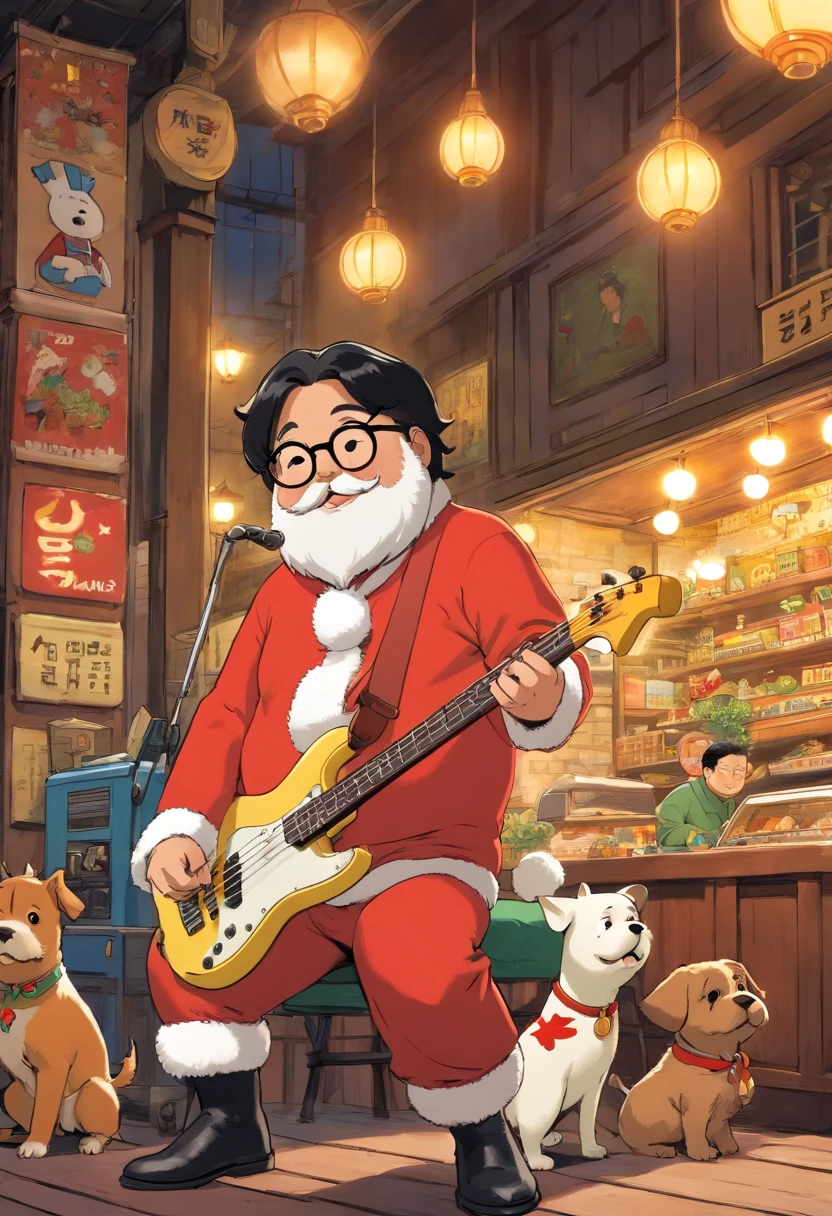 Very short black hair 50 years old chubby indonesian male wearing glasses, playing bass guitar, wearing Santa Claus suits, tintin, herge, with brown shin tzu dog , european comics, cafe background