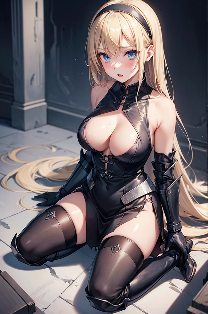 slender, mature female, 1girl, breasts, blue_eyes, solo, blonde_hair, torn_clothes, large_breasts, armor, long_hair, hairband, cleavage, thighhighs, boots, thigh_boots, shoulder_armor, looking_at_viewer, sitting, hair_between_eyes, kneeling, rating:explicit, open_mouth, gloves, bangs, gloves, eyebrows_visible_through_hair, blush, torn_dress, parted_lips, dress,vambraces, black_legwear,spaulders, seiza, armored_boots