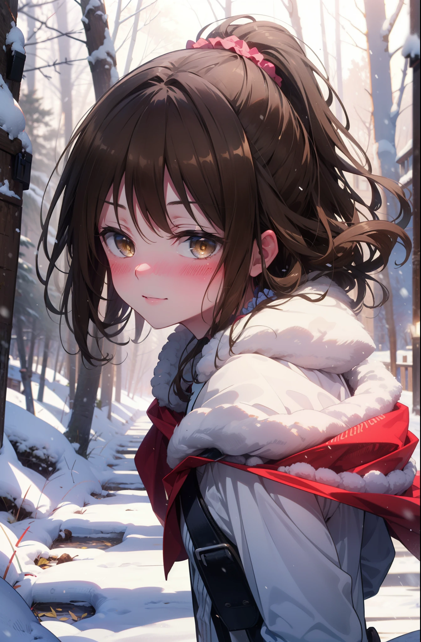 Follow Us, Yuki mandarin orange, (Brown eyes:1.5), Brown Hair, hair ornaments, hair Scrunchie, Long Hair, pink Scrunchie, Scrunchie, (Flat Chest:1.2),smile,,smile,blush,White Breath,
Open your mouth,snow,Ground bonfire, Outdoor, boots, snowing, From the side, wood, suitcase, Cape, Blurred, , forest, White handbag, nature, Squat, Mouth closed, Cape, winter, Written boundary depth, Black shoes, red Cape break looking at viewer, Upper Body, whole body, break Outdoor, forest, nature, break (masterpiece:1.2), highest quality, High resolution, unity 8k wallpaper, (shape:0.8), (Beautiful and beautiful eyes:1.6), Highly detailed face, Perfect lighting, Highly detailed CG, (Perfect hands, Perfect Anatomy),