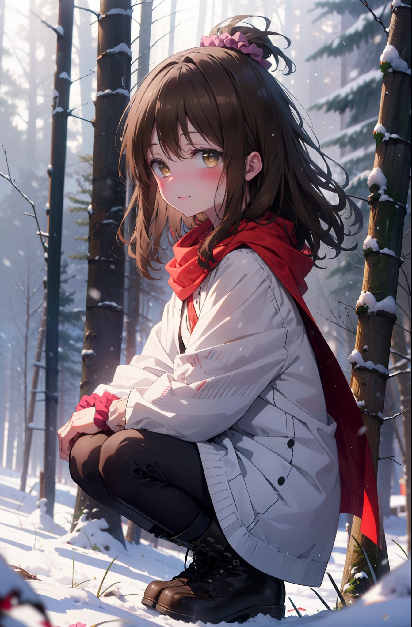 Follow Us, Yuki mandarin orange, (Brown eyes:1.5), Brown Hair, hair ornaments, hair Scrunchie, Long Hair, pink Scrunchie, Scrunchie, (Flat Chest:1.2),smile,,smile,blush,White Breath,
Open your mouth,snow,Ground bonfire, Outdoor, boots, snowing, From the side, wood, suitcase, Cape, Blurred, , forest, White handbag, nature, Squat, Mouth closed, Cape, winter, Written boundary depth, Black shoes, red Cape break looking at viewer, Upper Body, whole body, break Outdoor, forest, nature, break (masterpiece:1.2), highest quality, High resolution, unity 8k wallpaper, (shape:0.8), (Beautiful and beautiful eyes:1.6), Highly detailed face, Perfect lighting, Highly detailed CG, (Perfect hands, Perfect Anatomy),
