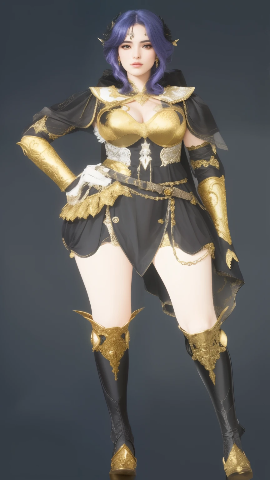 um close de uma mulher fantasiada com uma espada, traje com tema lunar, uniforme preto dourado, roupa dourada, ornate bikini armor, roupa de fantasia, traje ornamentado, lineage revolution style 2, roupa complexa, armadura preta e dourada, vestes brancas douradas, detalhes em ouro prateado, roupas muito detalhadas e ricas, detalhe de alta textura), detalhes intrincados da armadura