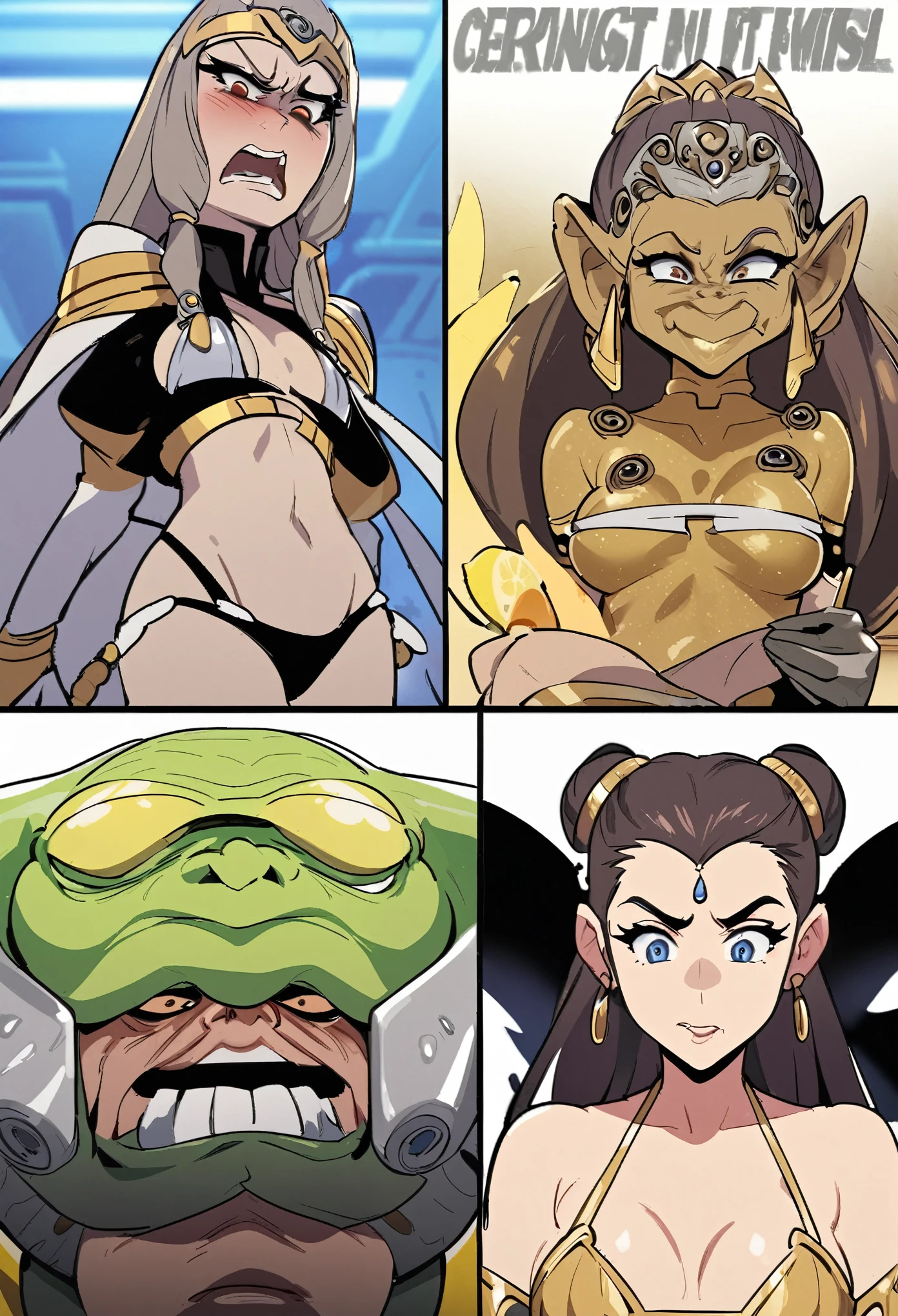 princess leia and princess Amidala, both 25, both dressed in sexy sci fi metallic bikinis make unhappy faces as they do the Lemon Eating Challenge, Jabba the Hutt chortles and films their distress