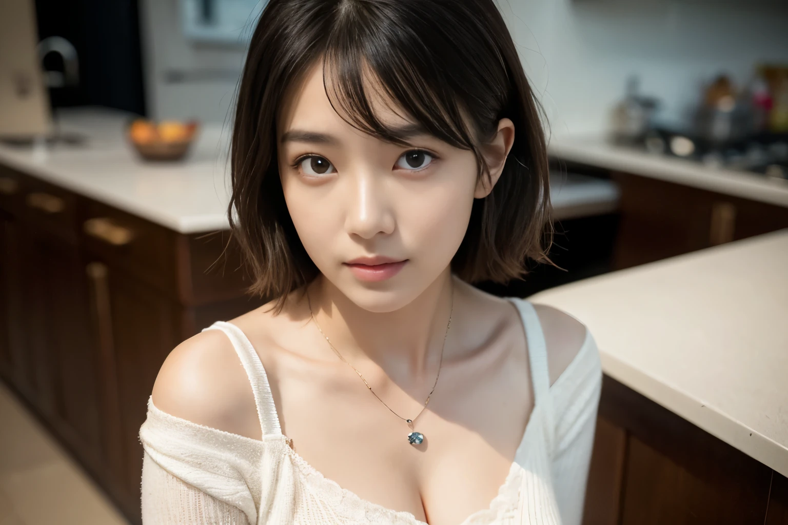 (highest quality、8K、32k、masterpiece、nffsw:1.2)、cute japanese women photos、big and full breasts、very short bobbed hair、Upper body、surface focus、extra large_sweater、necklace、Background of the café、From above、Viewer looking x4、(8K、RAW photo、highest quality、masterpiece:1.2)、(realistic、Photoreal:1.37)、1 girl、cute、professional lighting、photon mapping、Physically based rendering、gradient brunette hair、short curly hair、Handsome、girly、excellent image quality、High resolution、1080p、(clean face)、(Detailed facial description)、(Detailed hand explanation)、(Masseter muscle part)、(Detailed CG)、 extreme light and shadow、hair is dirty、masterpiece、rich details、(exquisite features)、(best image quality)、(masterpiece)、(detailed eye)、looking forward to your eyes、delicate clavicle、Various poses、Don&#39;don&#39;t watch the mela、profile、Photographed inside the cafe、Spring clothes、simple necklace、light blue knit