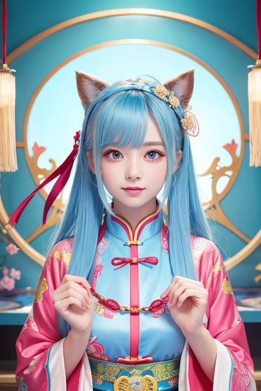 Mysterious girl, cute, wearing Chinese clothing, illustration style。Eye color is a beautiful light blue。