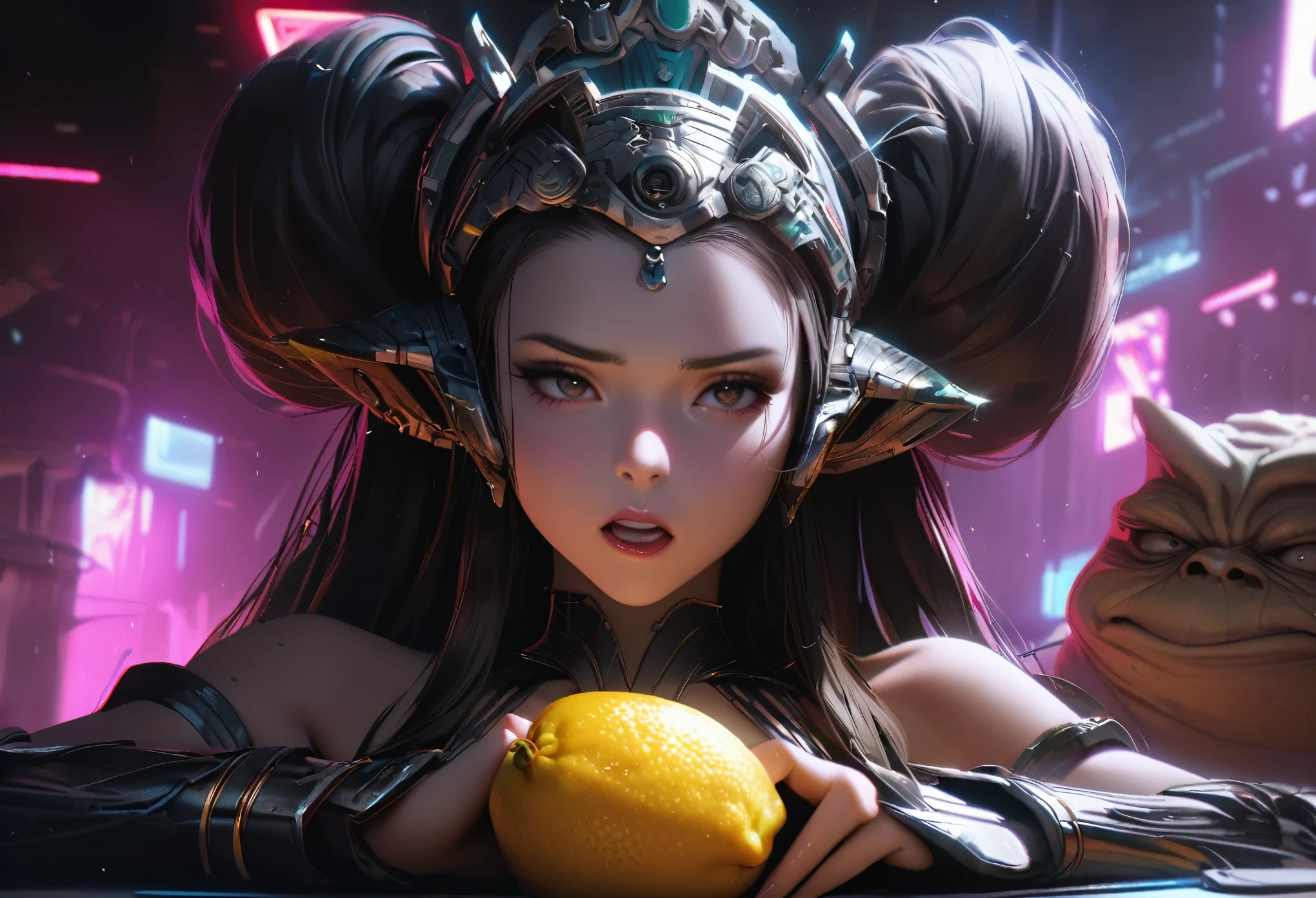 1girl, 1girl, princess leia, princess amidala, both 25 years old, both wearing sexy sci-fi metallic bikinis, unhappy expressions, lemon eating challenge, jabba the hutt, chortling, filming, high quality, 8k, photorealistic, intricate details, dramatic lighting, cinematic composition, science fiction, dystopian, neon colors, high contrast