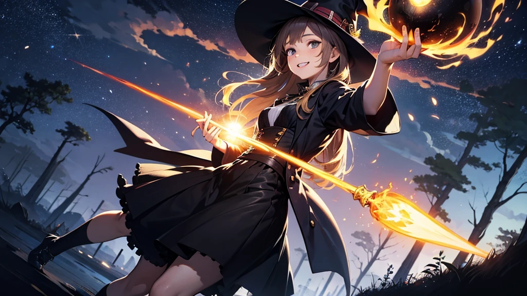 masterpiece, highest quality, Absurd, Illustrations for novels, One girl, young, Long Hair, Structure of the film, Movie angle, (Dynamic pose:1.3), Witch Costume, Have, magic wand, fireball, magic, (Casting a Spell:1.3), night, Dark Forest, Bat, Wicked Smile