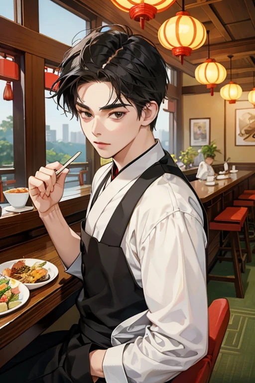 Studio Ghibli style，Chinese Roast Duck Restaurant，Cartoon boy, Chinese restaurant waiter&#39;s clothes, Cute cartoon characters, sticker illustration, Telegram sticker design, Upper body 2D game avatar, by Yan Hui, You were, cute characters, Anime Thai Girl, Chinese Girl, Inspired by Takehisa Yumeji, 2D 插圖, 2D Illustration，Boy standing at the cafeteria door，Waving to welcome guests，Lots of roasted Chinese duck，There is plenty of food on the table，Roast duck is delicious。