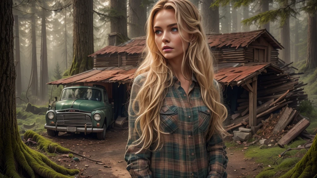 cabin in the woods, front porch, wood pile, rusty truck on cinderblocks, woodburning stove, dense trees, dark woods, large oak trees, moss, (Beautiful woman, plaid long-sleeved flannel shirt, long wavy blonde hair, detailed hands, detailed eyes),