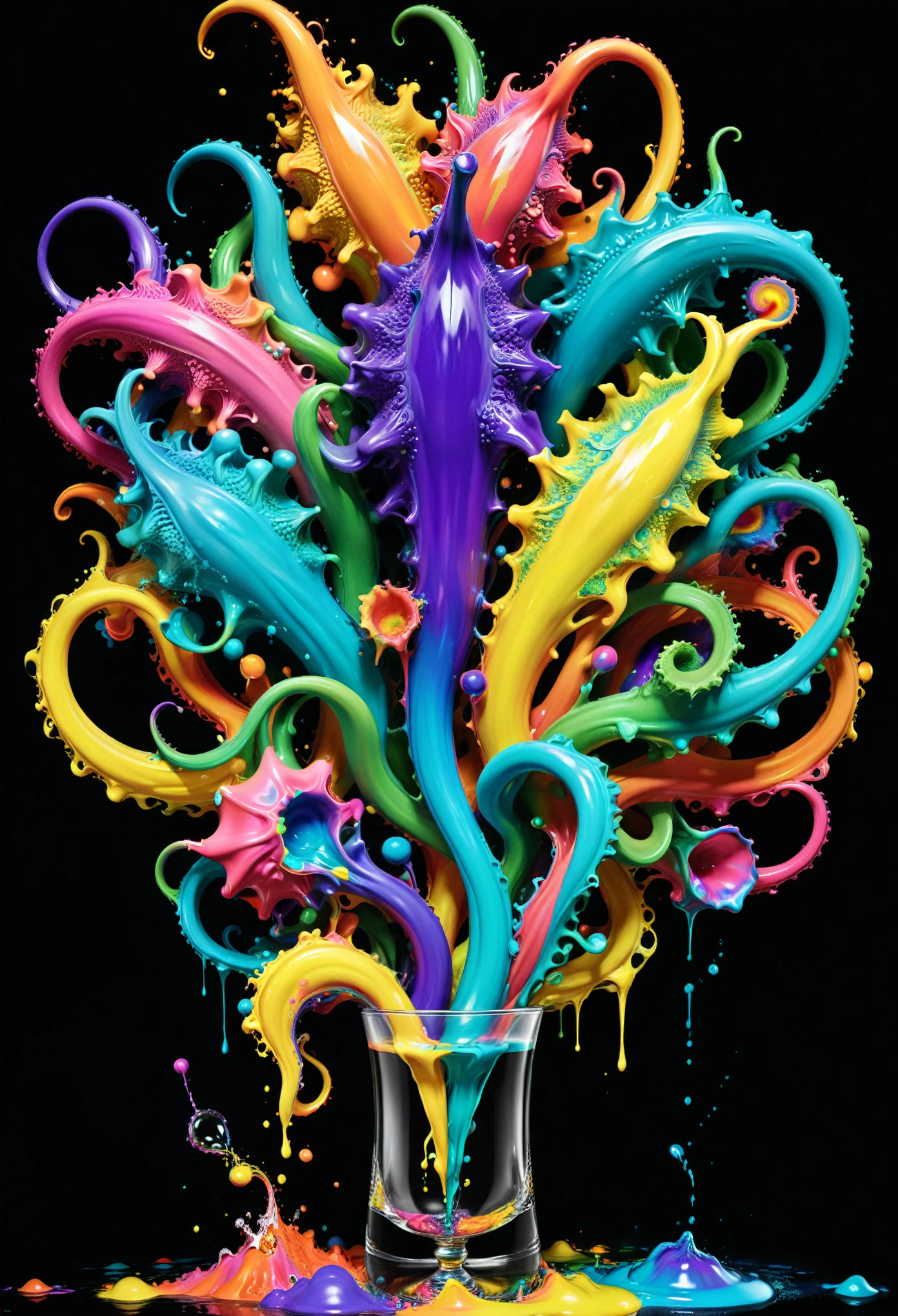 Poster oficial art ,de un objeto "vaso de precipitado", (arte visionario, surrealista, pintura digital, chromatic, Psychedelic, arte visionario, profundidad de campo advertising poster advertising movie poster, propaganda , To him:Psychedelico_plastilina, es un vaso de precipitado en el centro, De él emergen tiras de tentáculos de plastilina de colores Psychedelics., forming fractals of colored tentacles. , explosion of colors , vaso transparente en el centro del cartel. El fondo del cartel también está formado por colores Psychedelics y formas que simulan un viaje con LSD.., visto bajo efectos de LSD , hecho bajo efectos de mezcalina , in the Unified Theory, arte pop encogedor, vision of LSD