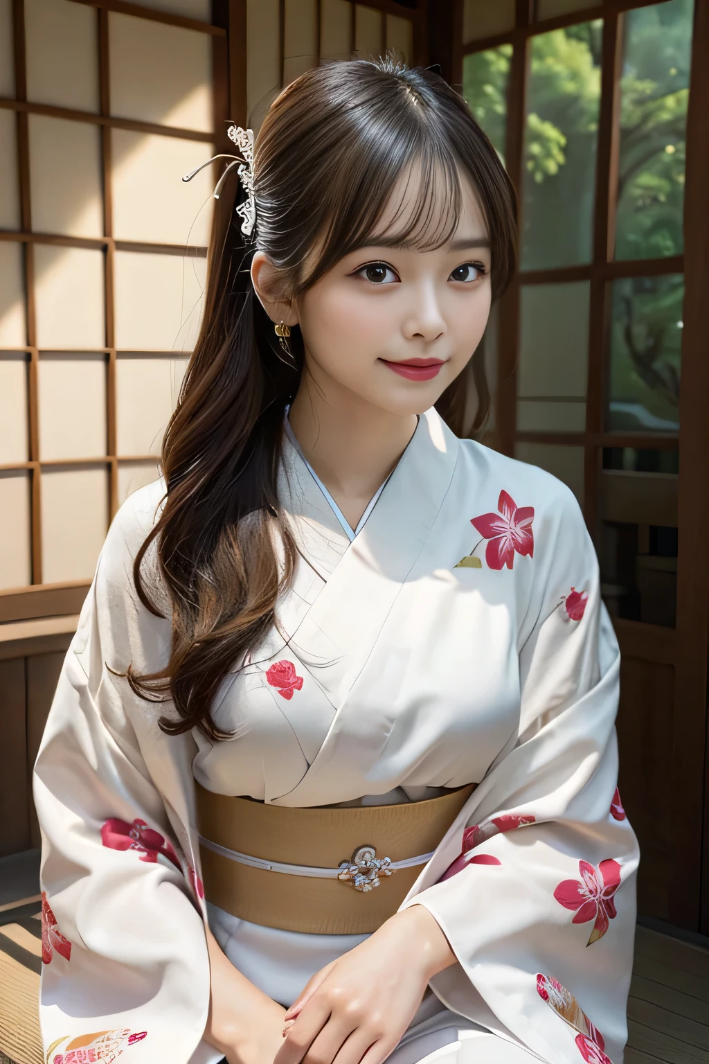 tits out、(Photorealsitic:1.4), (Top image quality:1.0), (超A high resolution:1.0), 8K, Raw photography, (​masterpiece:0.2), (pureerosface_v1:0.5)、(Best Quality Detail:1.2)、realisitic、8K UHD、hight resolution、(1girl in:1.2)、The ultra-detailliert、High quality textures、intricate detaileicromini、thighs thighs thighs thighs、large full breasts、Wide open chest、detaileds、Very detailed CG、High quality shadows、Detail Beautiful delicate face、Detail Beautiful delicate eyes、depth of fields、Ray traching,1girl in, japanaese girl, Cute, slender, appearance々Kimono with design, Kimono with Japanese pattern,Floral scrunchie, Beautiful skin, Facing the front,Sit down, Sit upright and say thank you,Align your hands elegantly,Smile faintly The Land of Japan,Japanese garden,Luxury Japanese-style room, skyporn, Magic Hour, (Realistic:1.3), Finely detailed, quality, (masutepiece:1.2), (Photorealistic:1.2), (Best Quality), (Intricate details), Dramatic, Ray tracing, photograph, +Lola, (good fingers:1.2),