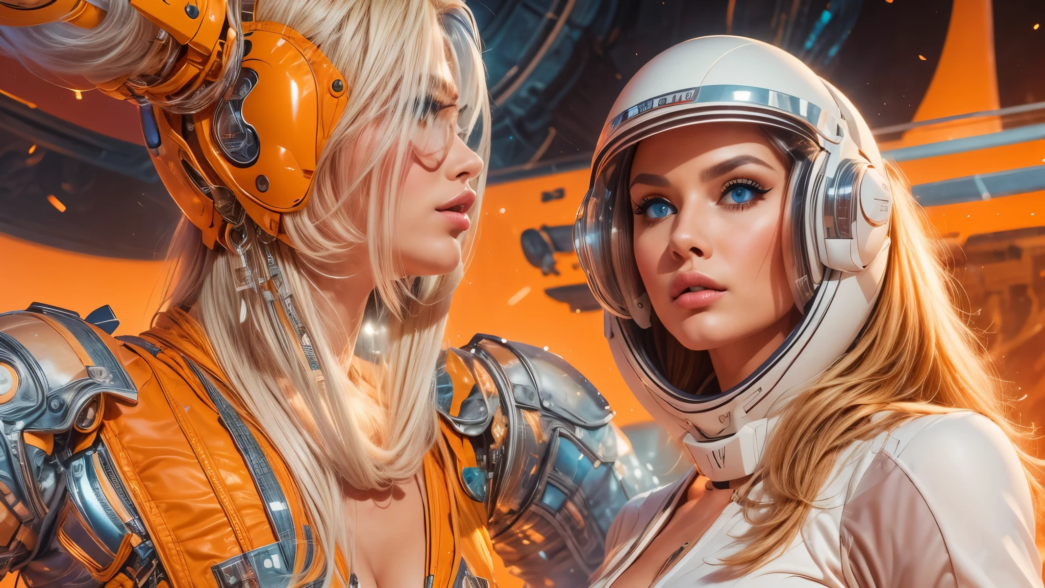 arafed image of a white woman in a futuristic suit with a spaceship in the background, movie art, in front of an orange background, inspired by Robert McGinnis, female protagonist, megastructure in the background, portrait of an ai astronaut, astronauts, an astronaut, portrait of a astronaut skeletor, perfect android girl, detailed eyes, perfectly detailed teeth, frank franzzeta and sakimichan