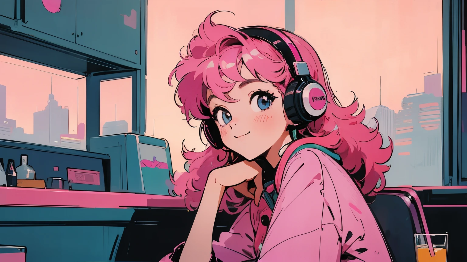 masterpiece, Pink Hair Girl,Fluffy hair, Wearing headphones, City Pop Style, Futuristic,Retro, A light smile, Drinking cocktails at a jazz bar